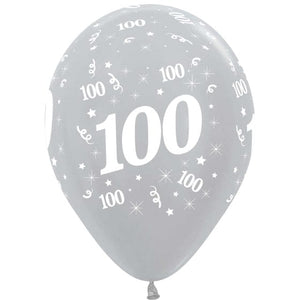 Balloon - Printed Latex Satin Pearl Silver Age 100 Latex Balloons 30cm 25pk