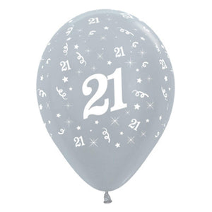 Amscan_OO Balloon - Printed Latex Age 21 Satin Pearl Silver Latex Balloon 30cm 6pk