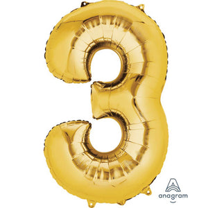 Balloon - Supershapes, Numbers & Letters Gold / 3 Numeral SuperShape Foil Balloon 86cm Each