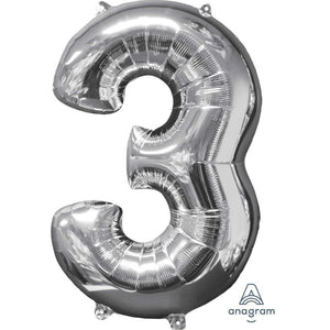 Amscan_OO Balloon - Supershapes, Numbers & Letters Silver Numeral 3 Mid-Size Shape Foil Balloon Balloon 66cm Each