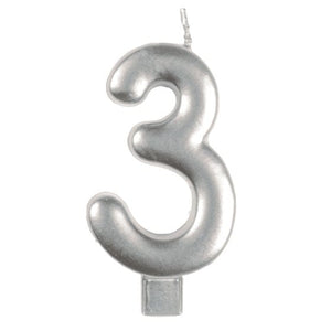 Decorations - Cake Decorations - Candles Silver / 3 Numeral Moulded Candle 8cm Each
