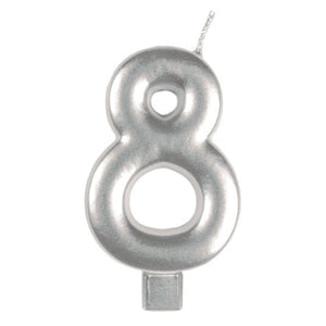 Decorations - Cake Decorations - Candles Silver / 8 Numeral Moulded Candle 8cm Each