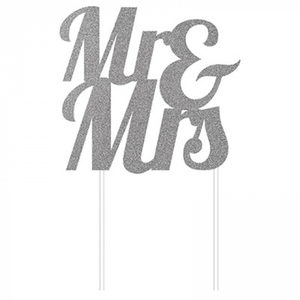 Amscan_OO Decorations - Cake Decorations - Toppers & Banners Mr & Mrs Silver Glittered Cake Topper 24cm x 17cm Each