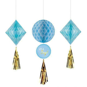 Amscan_OO Decorations - Decorative Fans, Pom Poms & Lanterns Baby Shower Boy Honeycomb Hanging Decorations 3pk