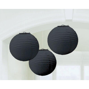 Amscan_OO Decorations - Decorative Fans, Pom Poms & Lanterns Jet Black Gold Round Paper Lanterns 3pk 24cm