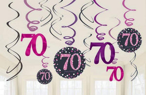 Amscan_OO Decorations - Hanging Swirls Pink Celebration 70th Swirls Hanging Decorations 12pk