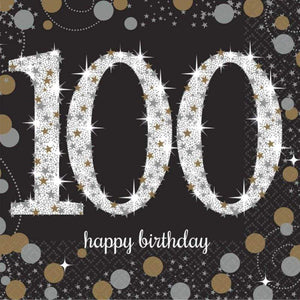 Amscan_OO Tableware - Napkins Sparkling Celebration 100th Happy Birthday Beverage Napkins 25cm 16pk