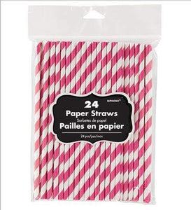 Amscan_OO Tableware - Straws Bright Pink Silver Stripe Paper Straws 19cm 24pk
