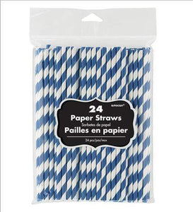 Amscan_OO Tableware - Straws Bright Royal Blue Silver Stripe Paper Straws 19cm 24pk